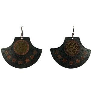 Boho Tribal Fan Shield Earrings Mixed Metal Copper Brass Floral Dangle Statement